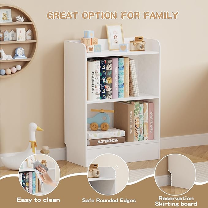 Lkeiyay Montessori Shelf,3-Shelf Toy Storage Organizer,Wooden Storage Cabinet for Kids Room, Nursery, Playroom Daycare Furniture (White