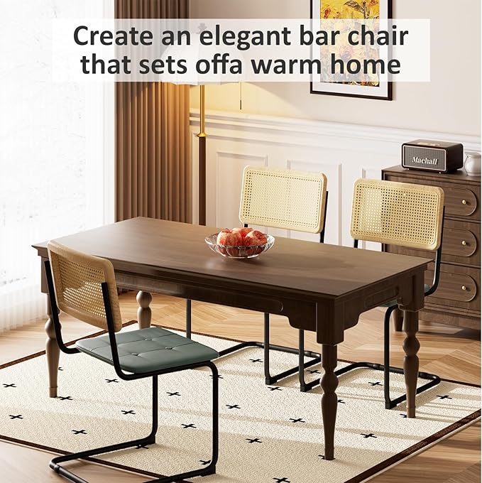 Heavy Duty Rattan Dining Chairs, Modern Dining Room Chairs with Solid Wood Back for Kitchen Living Room, High-end and Durable with Rattan Weaving, Upholstered Faux Leather Green