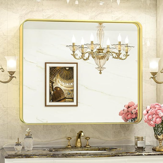TokeShimi Gold Bathroom Mirror for Wall 42x36 Inch Rounded Corner Rectangle in Aluminum Alloy Brass Metal Frame Deep Set Design Hangs Horizontal Or Vertical Farmhouse