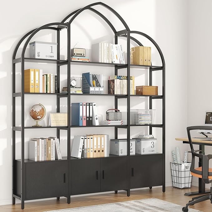 Triple Wide 5 Tier Tall Arched Bookshelf and Bookcase with 3 Cabinets, Industrial Metal Etagere Open Bookshelf, Wood Standing Book Shelf with Black Metal Frame for Bedroom Living Room