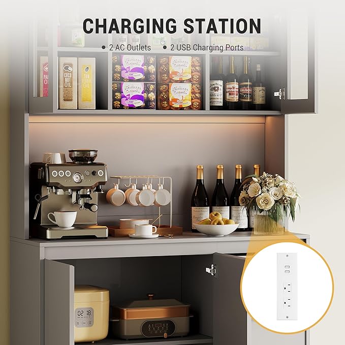 Kitchen Pantry Cabinet,71" Tall Storage Cabinet with Doors and Shelves Adjustable, Kitchen Storage Hutch with Microwave Shelf, Led Lights and Charging Station,Corner Pantry Cabinet,Grey