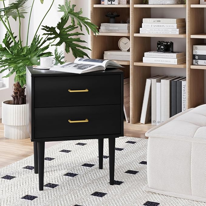 Black Nightstand with 2 Drawers,Tall Modern Night Stand Black, Wooden Night Stands for Bedroom, Bed Side Table, End Table, Gold Handle