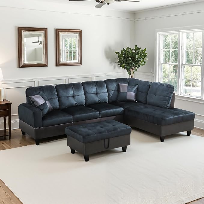 NicBex Sectional Couch 3 Pieces Sofa Set with Left Chaise Lint PVC L Shaped Cloud Couch for Living Room Furniture Sets with Storage Ottoman, Modular Sofa for Living Room & Apartment, Dark Blue+Brown