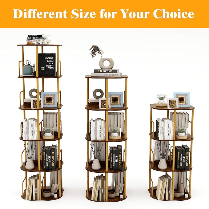 5-Tier Rotating Bookshelf, 360 ° Display Stackable Spinning Bookshelf Tower, Narrow Space Saving Tall Floor Standing Swivel Bookcase Corner Organizer for Bedroom, Living Room, Gold