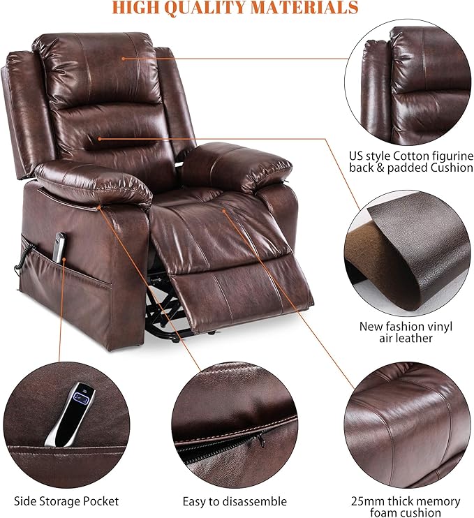 S*MAX Lift Chairs Recliners for Elderly Power Recliner Chairs Full Air Leather Electric Recliner Chairs Side Pockets USB Charge Port and Remote Control Power Lift Recliners Brown
