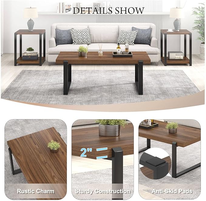 FOLUBAN Modern Coffee Table, Rustic Wood and Metal Center Table, Industrial Rectangle Cocktail Tea Table for Living Room, Walnut, 47 Inch