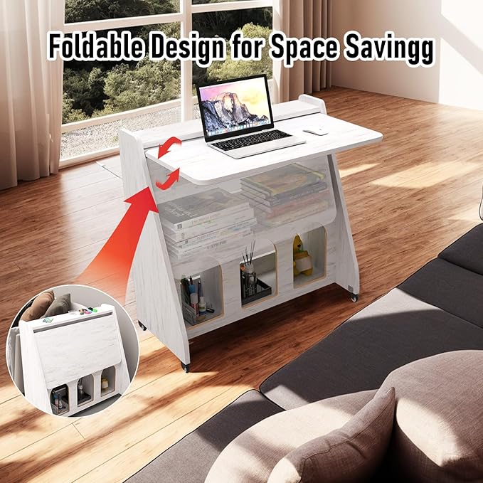Pmnianhua Farmhouse Portable Desk on Wheels,Mobile Workstation,Rolling Computer Desk with Wheels and Storage for Home Office Small Space(White)