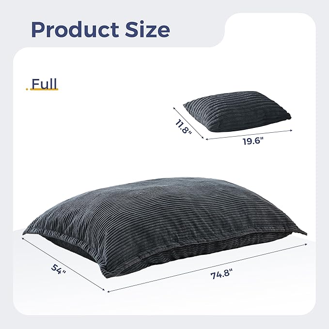 MAXYOYO Giant Bean Bag Chair with Pillow, 3 in 1 Convertible Bean Bag Chair for Adults with Washable Cover, Removable Floor Cushion Stuffed Floor Lounger for Living Room Bedroom, Dark Grey, Full