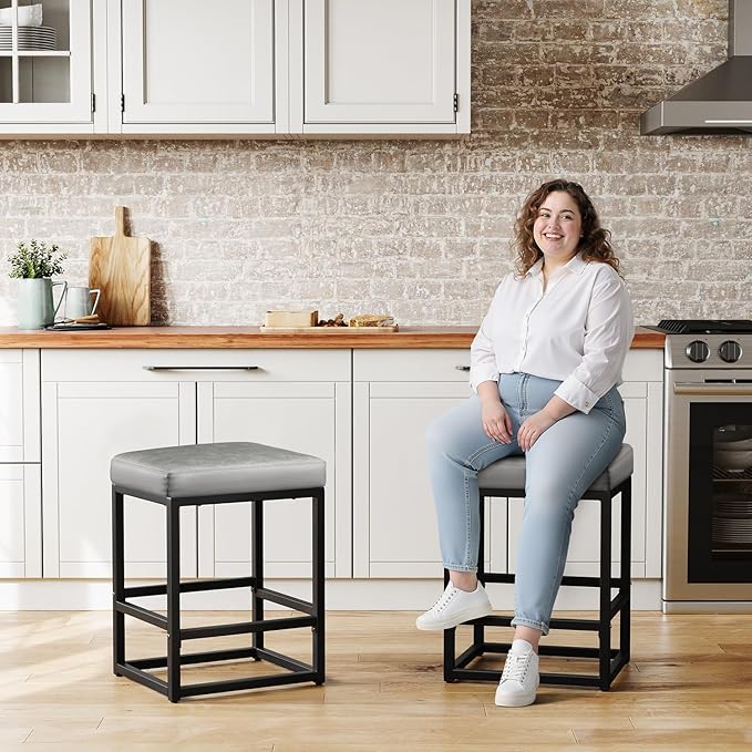 Counter Height Bar Stools Set of 2, 24" Barstools for Kitchen Countertop, Faux Leather Counter Stools with Thick Square Seats & Sturdy Metal Base, Simple Assembly, Gray