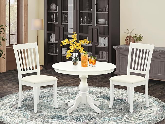 East West Furniture HBDA3-LWH-C 3 Piece Dining Room Table Set Contains a Round Kitchen Table with Pedestal and 2 Linen Fabric Upholstered Dining Chairs, 42x42 Inch, Linen White