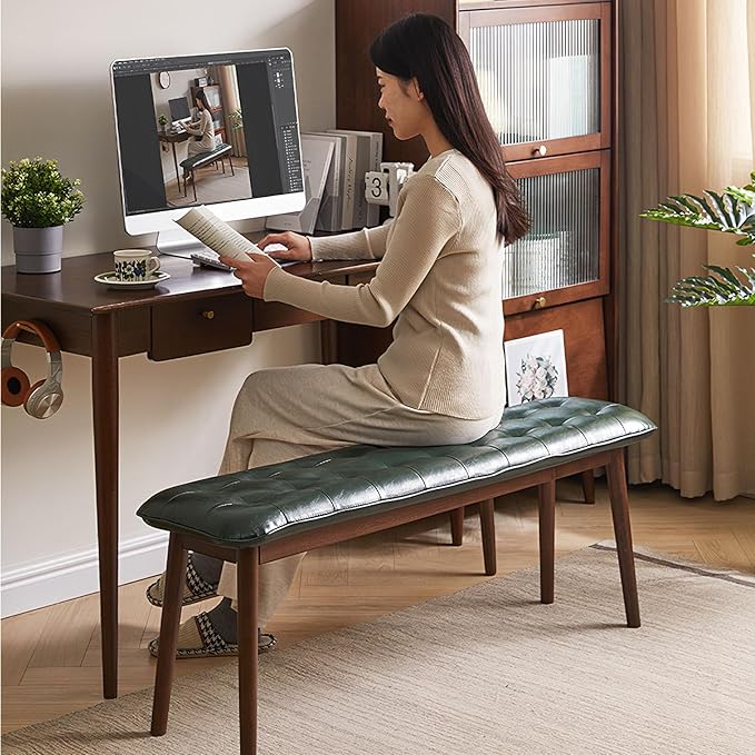 Entryway Bench, Solid Wood Dining Bench, Midcentury End of Bed Bench with PU Leather Padded Seat, Bedroom Bench, 47.24" L x 12.6" W x 17.72" H (Green)