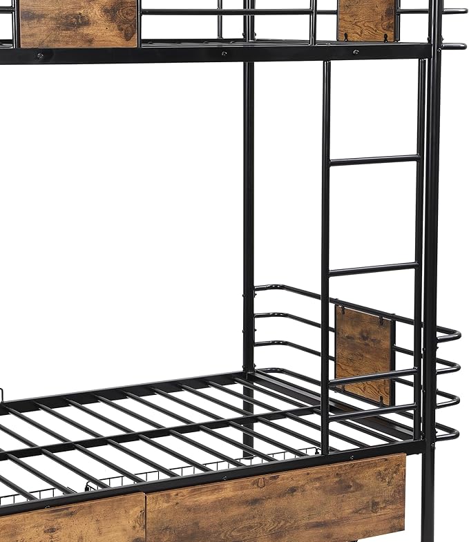 Twin XL Over Twin XL Metal Bunk Bed with MDF Board Guardrail,an Integrated Ladder,Full-Length Guardrails and Two Storage Drawers,Industrial Modern bunk-Bed,No Box Spring Needed,Black