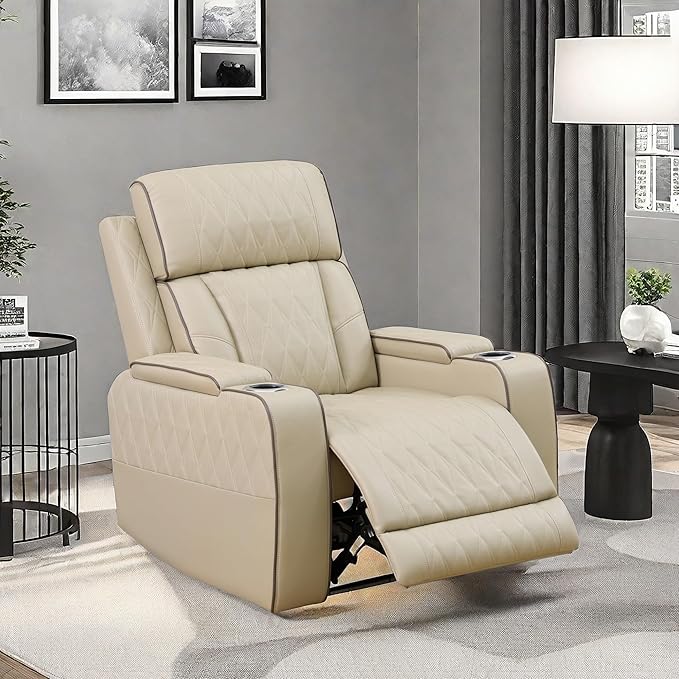 Recliner Chair, Leather Recliner Home Theater Seating, Electric Reclining Chair with USB Ports and Cup Holders, Breathing Chair with Hidden Arm Storage, Ambient Lighting, Beige