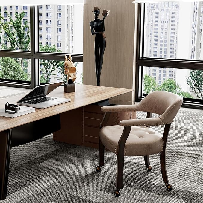 LEEMTORIG Large Dining Chairs with Casters and Arms, Rolling Dining Chairs with Wheels, Accent Wood Boss Caption's Chairs, 26" D x 25.2" W x 31.5" H, Espresso Legs & Yellowish Brown Fabric SY-318-LT
