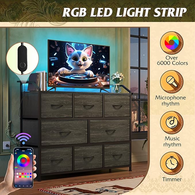 WLIVE Led Dresser for Bedroom, TV Stand for Bedroom with LED Lights and Power Outlet, Wide Chest of Drawers for Hallway, 8 Fabric Drawers for Living Room and Entryway, Charcoal Black Wood Grain Print