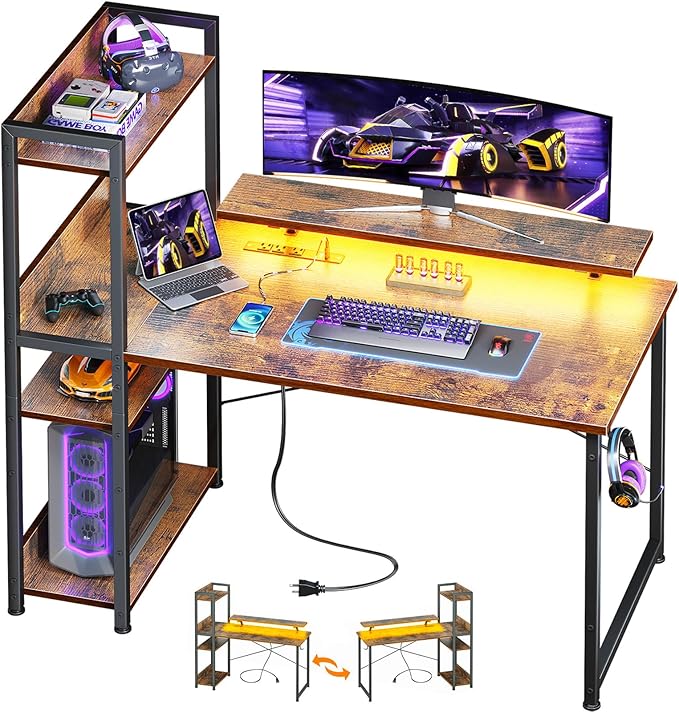 ODK Reversible Gaming Desk with USB Charging Port and LED Lights, 40 Inch Computer Desk with Storage Shelves & Monitor Stand, Writing Study Table for Home Office, Small Space Bedroom, Rustic Brown
