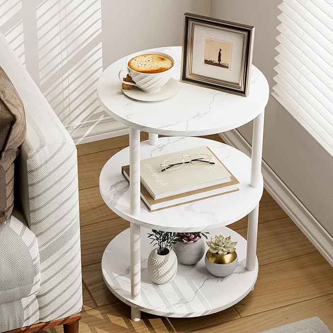 Small Round End Table - 3 Tier Design Accent Table, Narrow Side or Bedside Stand, Industrial Vintage Nightstand for Bedroom, Living Room, or Small Spaces, Marble White
