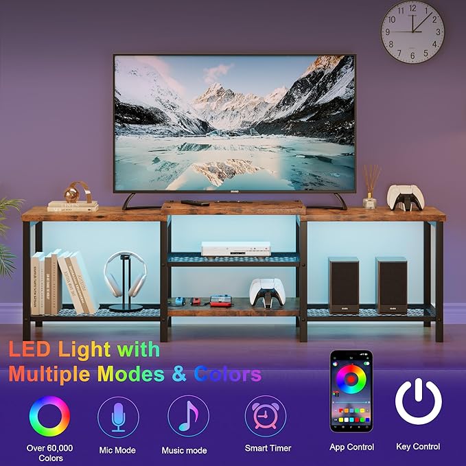GarveeHome TV Stand with LED Lights for 55/65/75 Inch TV, 67 Inch Large Entertainment Center with Power Outlets, Media Console for Living Room, Bedroom, Vintage Brown