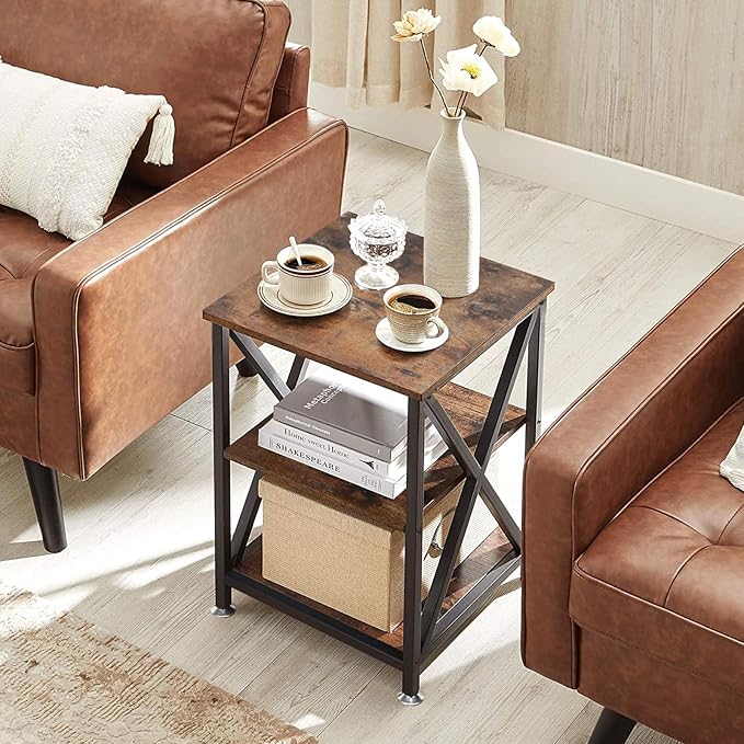 Square End Table with Storage Shelf, 16" D X 16" W X 24" H, 3-Tier End Table Living Room, Rustic Brown End Tables, X-Shaped Night Stand for Bedroom, Farmhouse Wood End Tables