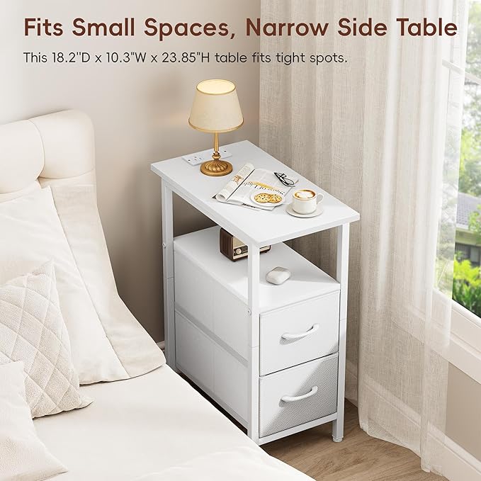 Vagusicc End Table with Charging Station Set of 2, Narrow Side Table, 23.8'' Tall Nightstand with 2 Drawers, Small Sofa Side Table Narrow Nightstand for Small Spaces, Living Room, Bedroom, White