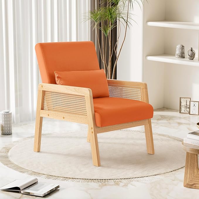 YESHOMY Mid-Century Accent Chair with Pillow Upholstered with Solid Frame & Breathable Armrest for Living Room, Light Orange