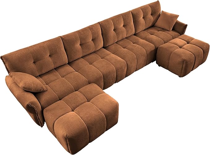 Modern Chenille Fabric 4-Seat Sofa w/Two Ottoman+2 Pillows, Premium Upholstery Living Room Couch with Tufted Backrest & Comfortable Armrests and High-Resilience Memory Foam Cushions,Orange