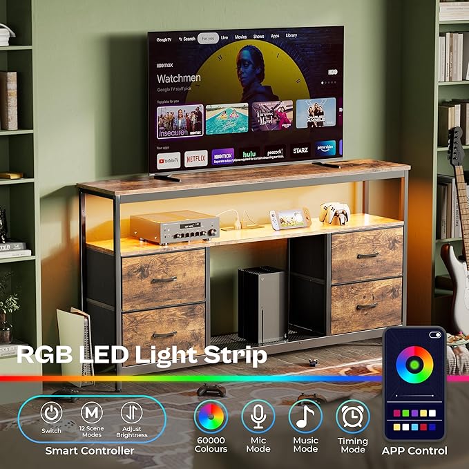 Huuger TV Stand Dresser with Power Outlets and LED Lights, 4 Drawers Entertainment Center with Shelves, 54 Inch Media Console for 55 60 Inch TV, 4 AC Outlets, 2 USBs, Rustic Brown