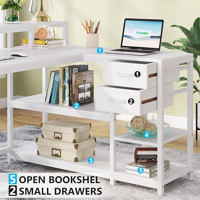 Tribesigns 55-inches Reversible L Shaped Desk with Drawer, Modern White L Corner Desk Home Office Table with Storage Shelves and Monitor Stand, Wooden and Metal PC Desk for Small Space