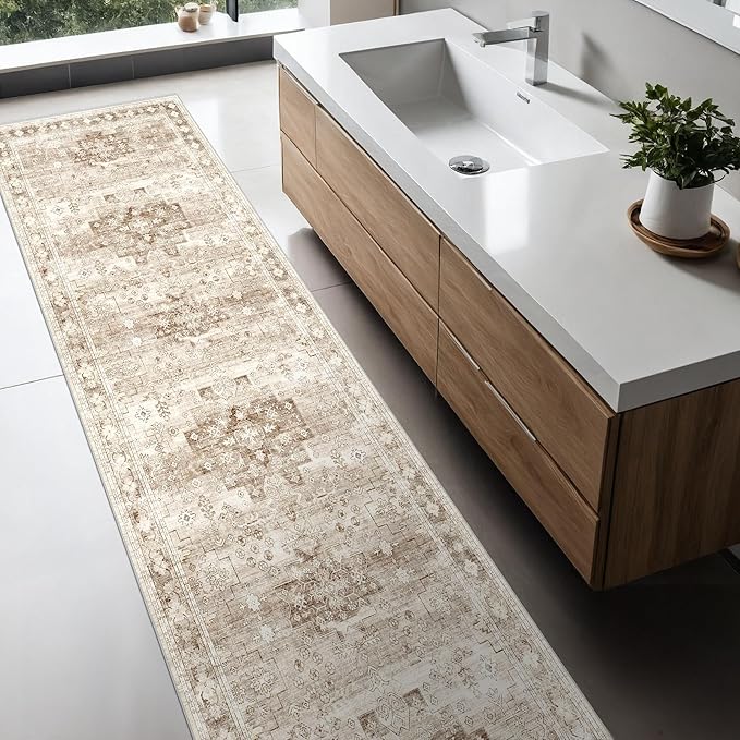 Non Slip Hallway Runner Rug - 2 x 10 Runner Rug, Washable & Waterproof Kitchen Floor Mat - Extra Long Neutral Farmhouse Boho Design Décor (2x10 Beige/Latte)