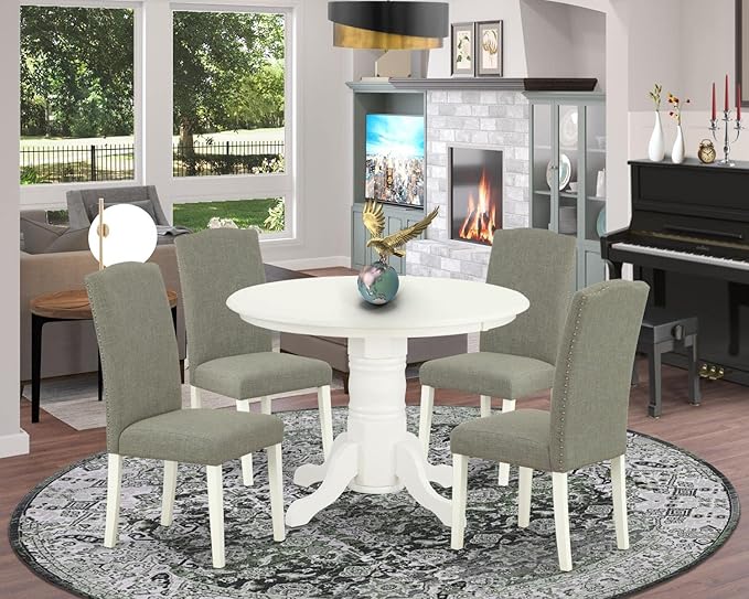 East West Furniture SHEN5-LWH-06 5 Piece Kitchen Table Set Includes a Round Dining Room Table with Pedestal and 4 Dark Shitake Linen Fabric Upholstered Chairs, 42x42 Inch, Linen White