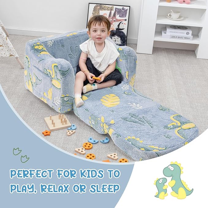 Comfy Toddler Chair and Couch for Kids with Blanket,2-in-1 Soft Plush Fold Out Toddler Couch for Girls and Boys,Convertible Sofa to Lounger for Playroom, Dinosaur