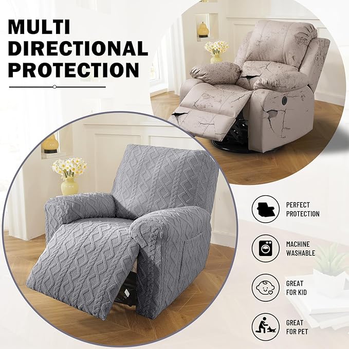 vctops 4 Pieces Geometric Jacquard Plush Recliner Slipcovers Soft Fuzzy Fluffy Sofa Couch Cover Anti-Slip Furniture Protector with Elastic Bottom for Kids Cats Dogs(Grey,1 Seat)