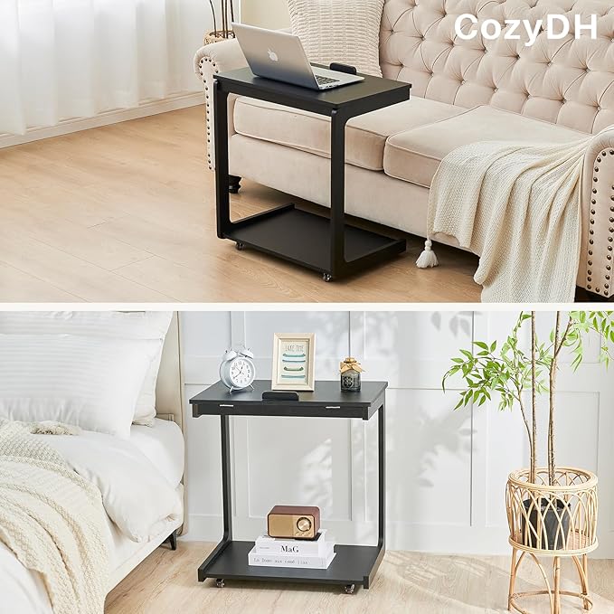 CozyDH Adjustable C Shaped End Table, Rolling Side Table Solid Wood TV Sofa Tray Table for Couch Arm Eating Multi-Purpose, Small Coffee Table with Wheels Living Room Bedroom, Black
