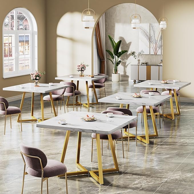 Tribesigns Square Dining Table for 8, 31.5" Modern Dinner Table with Metal Base, Kitchen Table for Dining Room, Small Space, Apartment, White & Gold