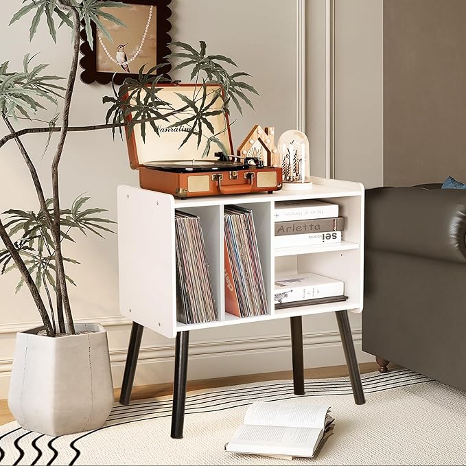 Record Player Table, Mid-Century Record Player Stand with Vinyl Storage Hold Up to 150+ Albums, Vinyl Record Cabinet with Adjustable Shelves, Wood Turntable Stand for Music Living Room (White)
