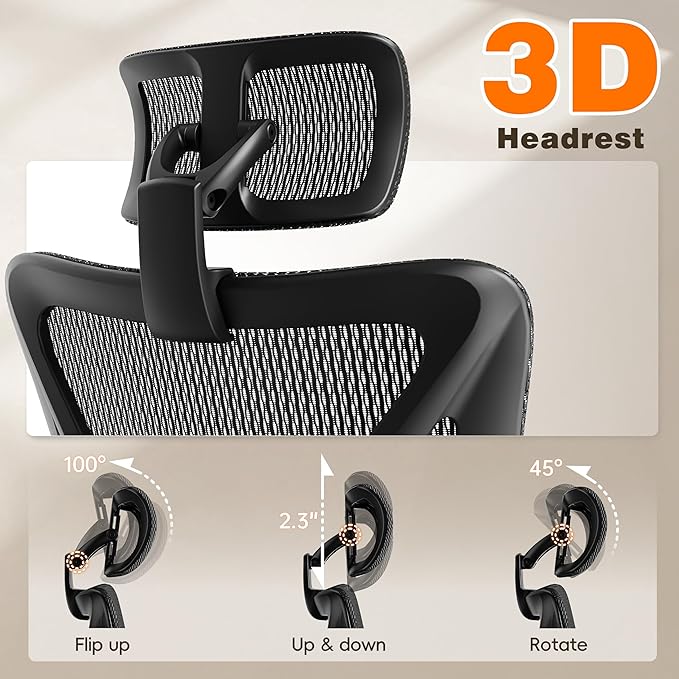 GABRYLLY Ergonomic Office Chair with Adjustable Lumbar Support, 3D Armrests & Headrest, 135° Reclining Chair with Footrest & Large Steel Base,300LBS Swivel Desk Chair(GYMN01)
