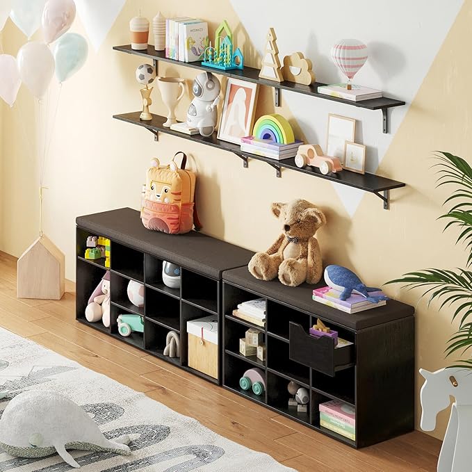 DINZI LVJ Shoe Bench,Entryway Storage Bench with Drawer and 8 Cubbies,Cubby Rack Adjustable Shelves,Shoe Organizer Cabinet for Living Room,Bedroom,Mudroom,Closet Garage,Espresso