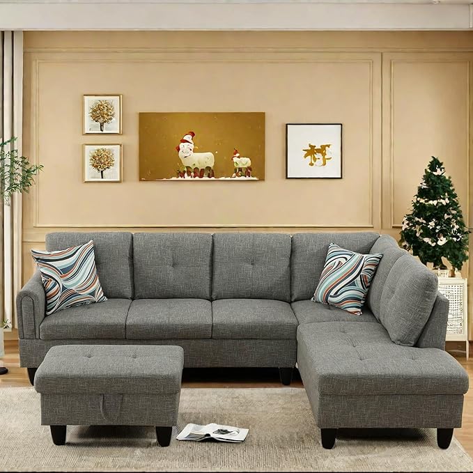 L Shaped Sectional Couch with Otttoman, 97" Sectional Sofa for Living Room Flannel Modular Couches with Cup Holders for Bedroom, Apartments, Grey