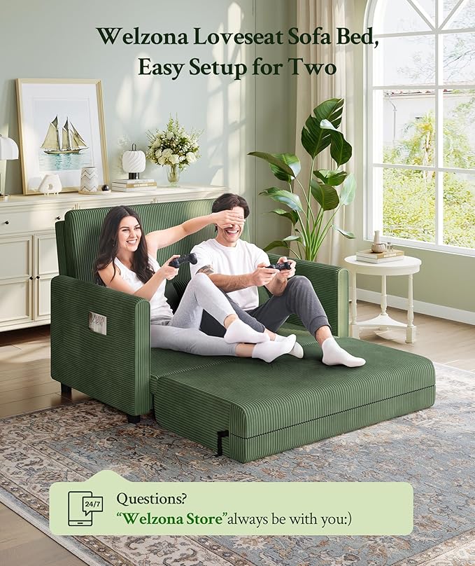 53” Convertible Sofa Bed Couch, Corduroy Couch Bed, 6-Position Loveseat Sleeper Sofa, Love Seat Sleeper Bed 23.6" Extra Deep Seat, Modern Couches for Living Room/Apartment/Home/Office, Green