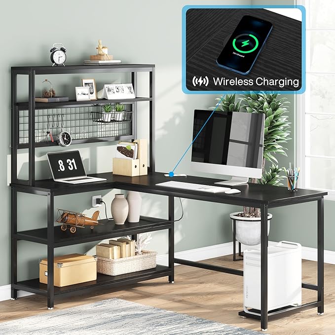 Tribesigns 55" Large Computer Desk with Wireless Charging 5 Storage Shelves, Office Desk Study Table Writing Desk Workstation with Hutch Bookshelf for Home Office (All Black)