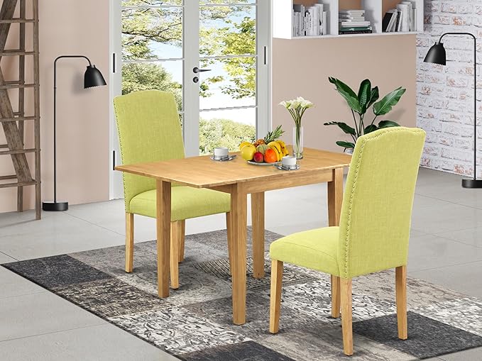 East West Furniture NDEN3-OAK-07 3 Piece Dinette Set for Small Spaces Contains a Rectangle Dining Table with Dropleaf and 2 Limelight Linen Fabric Parson Chairs, 30x48 Inch, Oak
