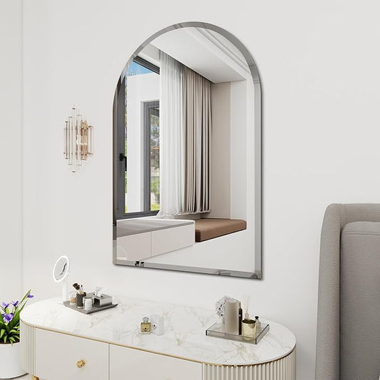 Arched Bathroom Mirror, 31X32 inch Arched Frameless Mirror, Arch Wall Mirror，Frameless Mirrors for Bathroom,Beveled Bathroom Mirror.