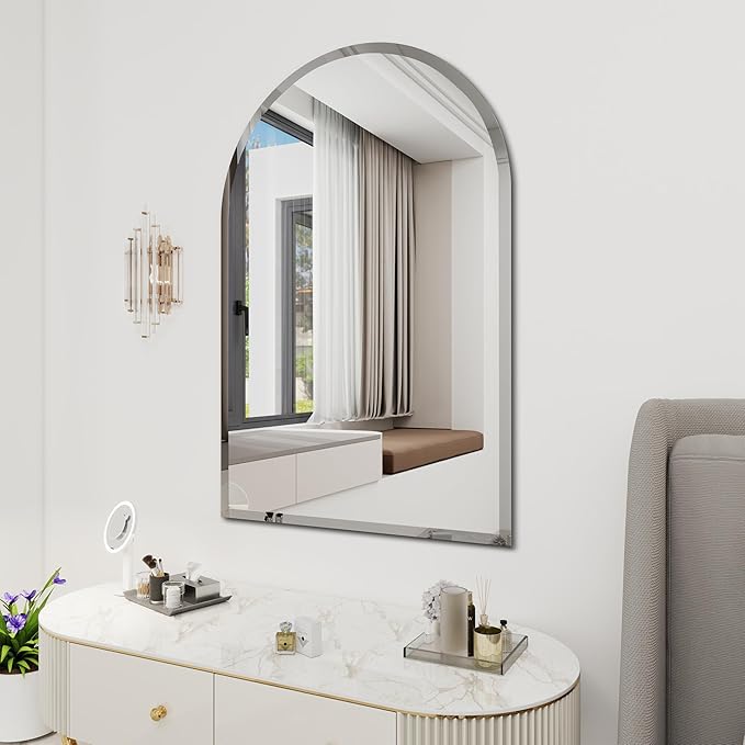 Arched Bathroom Mirror, 24X36 inch Arched Frameless Mirror, Arch Wall Mirror，Frameless Mirrors for Bathroom,Beveled Bathroom Mirror.
