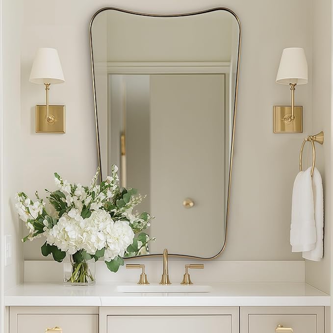 Brushed Gold Bathroom Mirror, 24x40 Inch Gold Irregular Bathroom Vanity Mirror, Gold Asymmetric Mirror with Stainless Steel Frame, Metal Framed Wall Mounted Accent Mirror Vertical Only