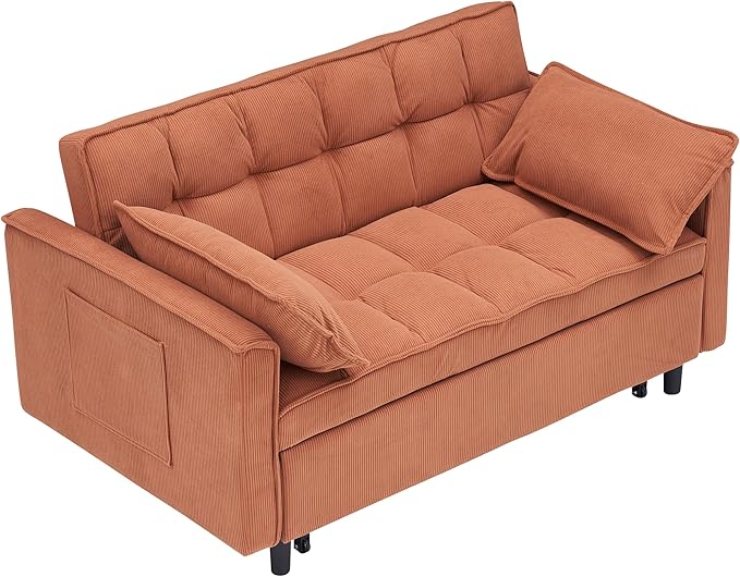 Ball & Cast Convertible Sofa Bed,Loveseat Sleeper Sofa W/Pull-Out Bed,Convertible Pull Out Couch W/2 Pillows,Adjustable Backrest&Side Pocket,Corduroy Futon Couches for Living Room,Apartment,Orange,54"