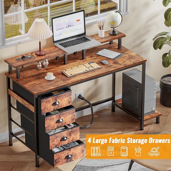 Furologee 47" Computer Desk with 4 Fabric Drawers & Monitor Stand, Gaming Desk with Power Outlets - LED Lights, Home Office Space-Saving Study Table for Bedroom Small Spaces (Rustic Brown)