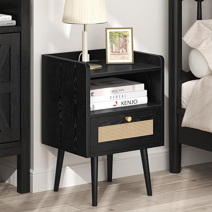 Nightstand Rattan with Charging Station, Mid Century Modern Bed Side Table, Boho End Table with Wood Legs, Bedside Tables for Bedroom Living Room (2, Black, 11.8" D x 15.9" W x 23.4" H (1 Drawers))