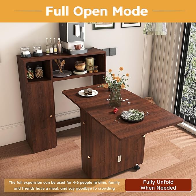 Ball & Cast Multifunctional Folding Dining Table with Wall-Mounted Sideboard & Storage,Wood Kitchen Island w/Four-in-one Socket and Silent Wheels,Space-Saving,Easy to Assemble,for Dining Room,Walnut
