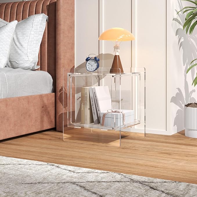Acrylic End Table, Side Table Nightstand with Open Storage Shelf, 2-Tier Bedside Table Home Decor Display for Bedroom, Living Room, Office (1, Clear)