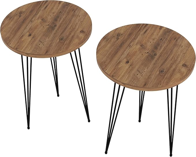 PAK HOME - Set of 2 End Table – Pine Wood Round Wood Sofa Side Coffee Tables for Small Spaces, Nightstand Bedside Table with Black Metal Legs for Bedroom, Living Room, Home Office, Balcony